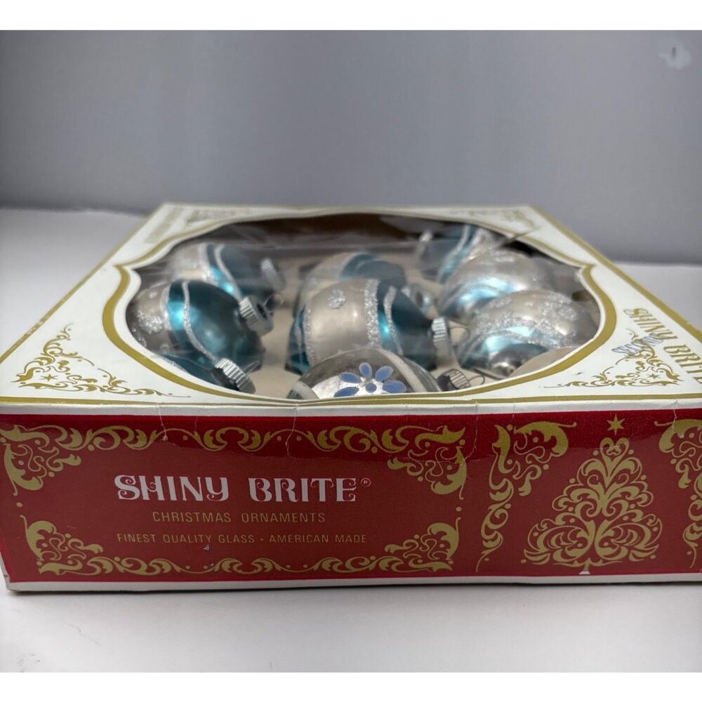 Shiny Brite Vintage Glass Ornaments Teal & Silver Glitter 10-Piece Set Christmas - Picture 10 of 14